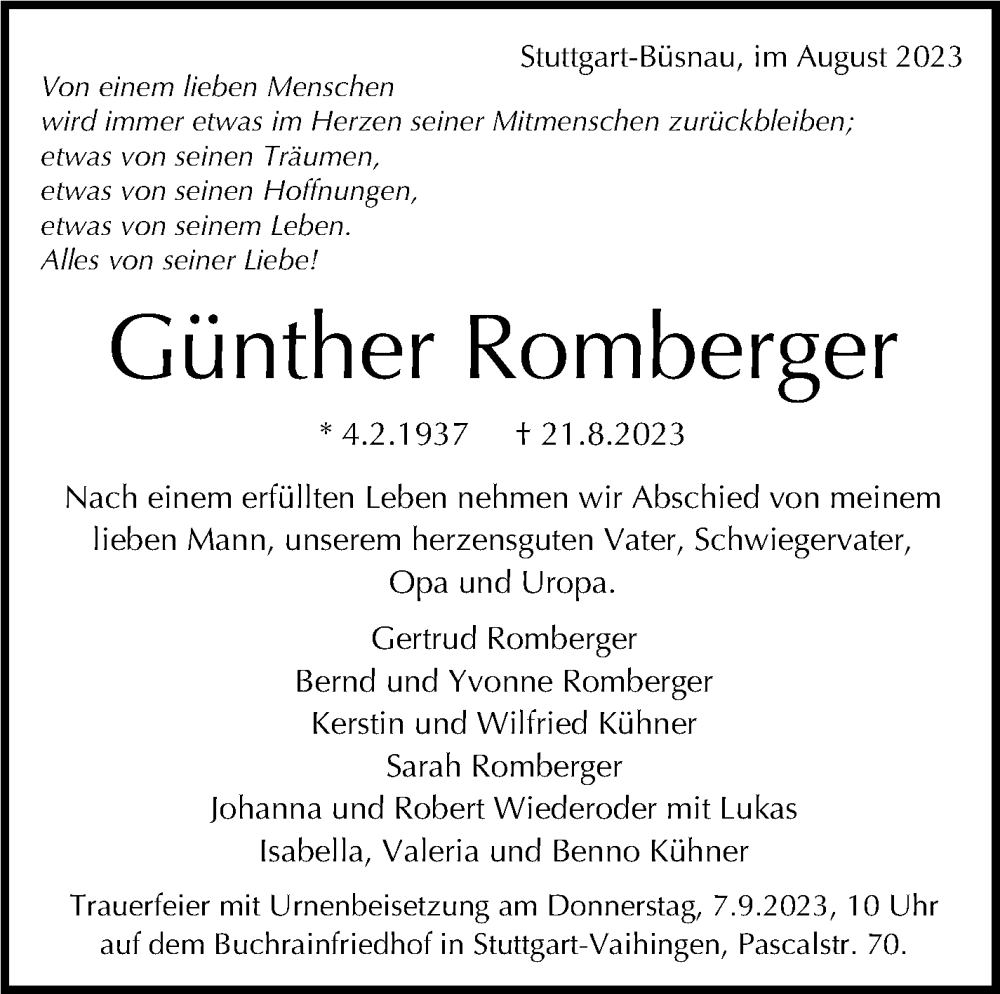  Traueranzeige für Günther Romberger vom 26.08.2023 aus Stuttgarter Zeitung / Stuttgarter Nachrichten