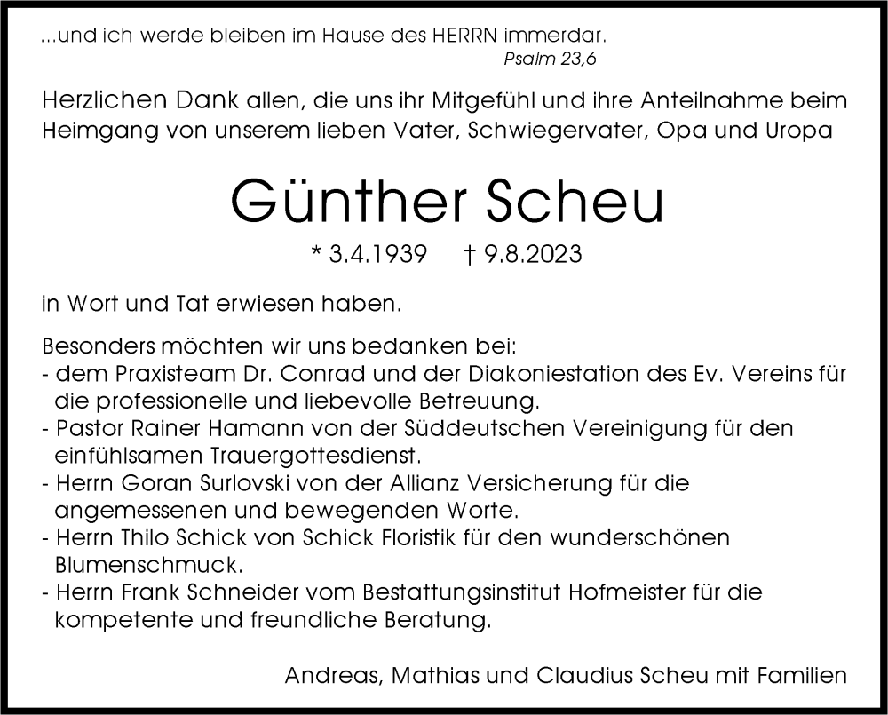  Traueranzeige für Günther Scheu vom 25.08.2023 aus Stuttgarter Zeitung / Stuttgarter Nachrichten