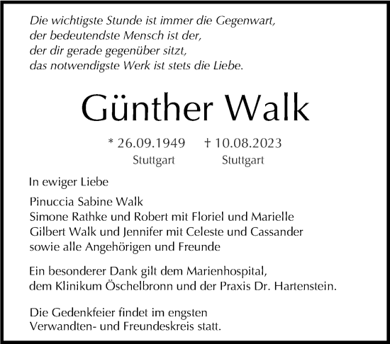 Traueranzeige von Günther Walk von Stuttgarter Zeitung / Stuttgarter Nachrichten