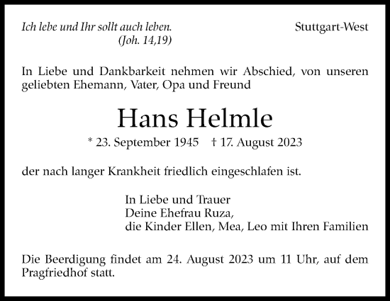 Traueranzeige von Hans Helmle von Stuttgarter Zeitung / Stuttgarter Nachrichten