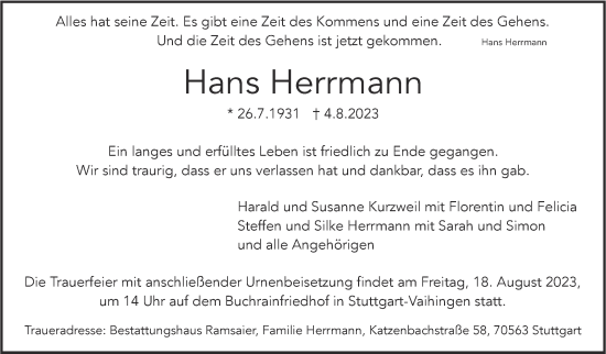 Traueranzeige von Hans Herrmann von Stuttgarter Zeitung / Stuttgarter Nachrichten