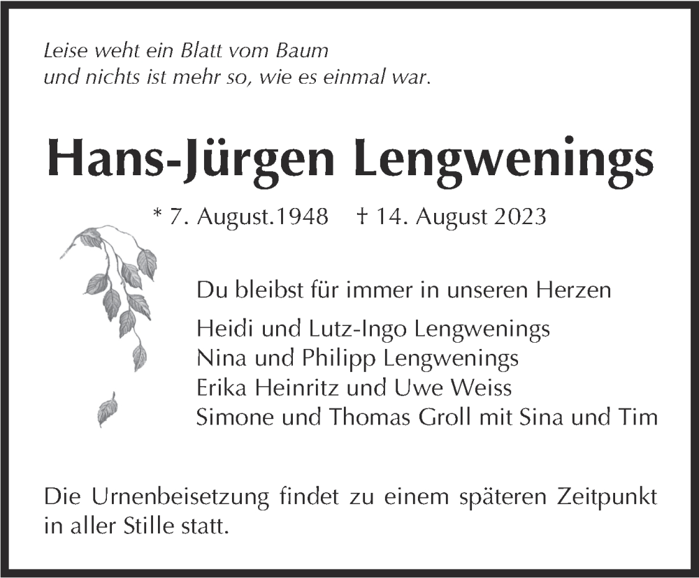  Traueranzeige für Hans-Jürgen Lengwenings vom 19.08.2023 aus Stuttgarter Zeitung / Stuttgarter Nachrichten
