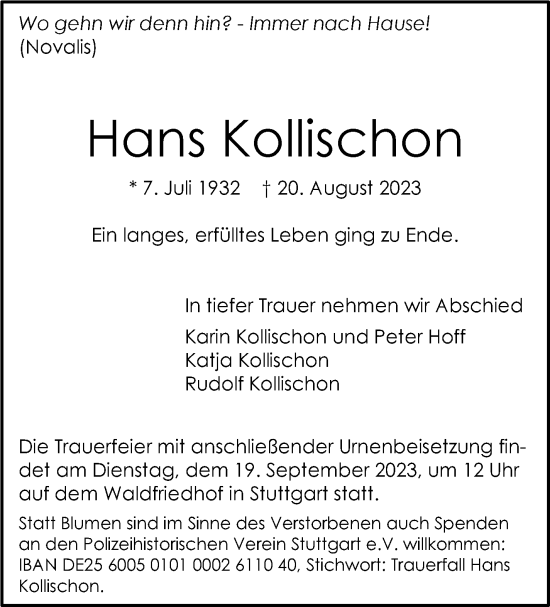 Traueranzeige von Hans Kollischon von Stuttgarter Zeitung / Stuttgarter Nachrichten