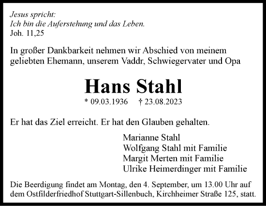 Traueranzeige von Hans Stahl von Stuttgarter Zeitung / Stuttgarter Nachrichten