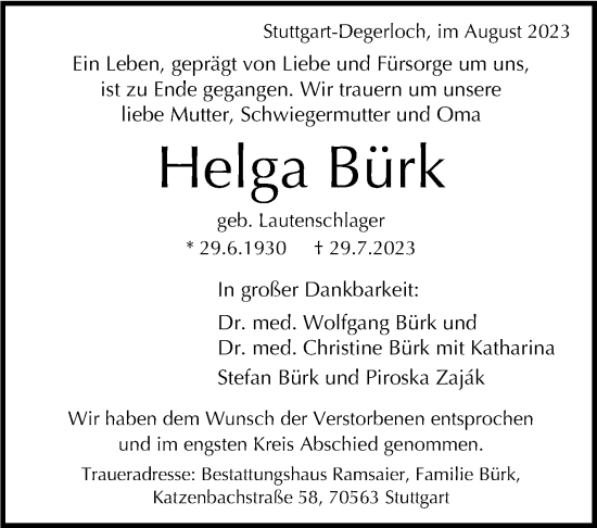 Traueranzeige von Helga Bürk von Stuttgarter Zeitung / Stuttgarter Nachrichten