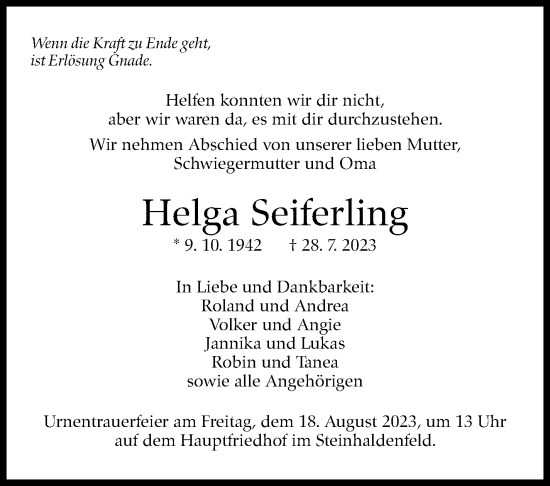 Traueranzeige von Helga Seiferling von Stuttgarter Zeitung / Stuttgarter Nachrichten