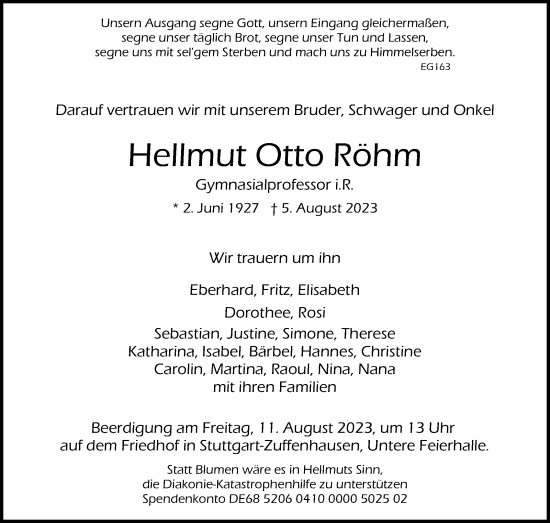 Traueranzeige von Hellmut Otto Röhm von Stuttgarter Zeitung / Stuttgarter Nachrichten