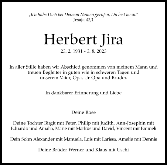Traueranzeige von Herbert Jira von Stuttgarter Zeitung / Stuttgarter Nachrichten
