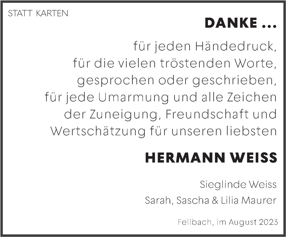  Traueranzeige für Hermann Weiss vom 19.08.2023 aus Stuttgarter Zeitung / Stuttgarter Nachrichten