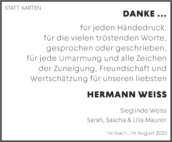 Traueranzeige von Hermann Weiss von Stuttgarter Zeitung / Stuttgarter Nachrichten