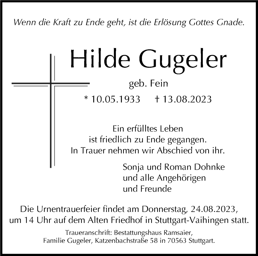  Traueranzeige für Hilde Gugeler vom 19.08.2023 aus Stuttgarter Zeitung / Stuttgarter Nachrichten