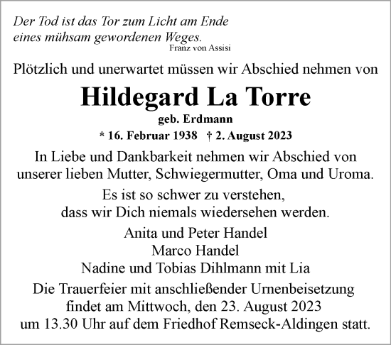 Traueranzeige von Hildegard La Torre von Stuttgarter Zeitung / Stuttgarter Nachrichten