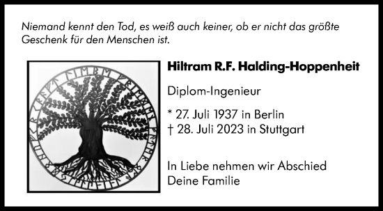 Traueranzeige von Hiltram R.F. Halding-Hoppenheit von Stuttgarter Zeitung / Stuttgarter Nachrichten