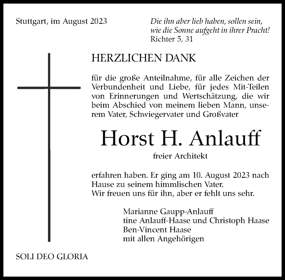  Traueranzeige für Horst H. Anlauff vom 26.08.2023 aus Stuttgarter Zeitung / Stuttgarter Nachrichten