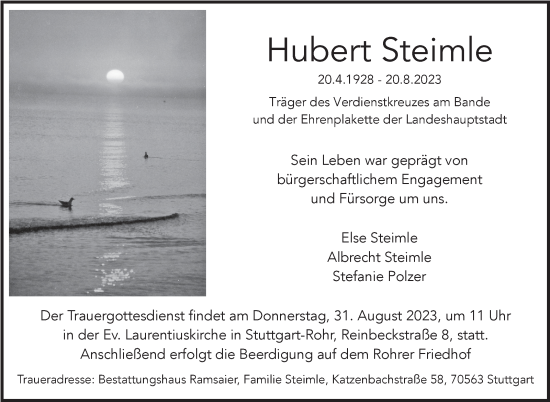 Traueranzeige von Hubert Steimle von Stuttgarter Zeitung / Stuttgarter Nachrichten
