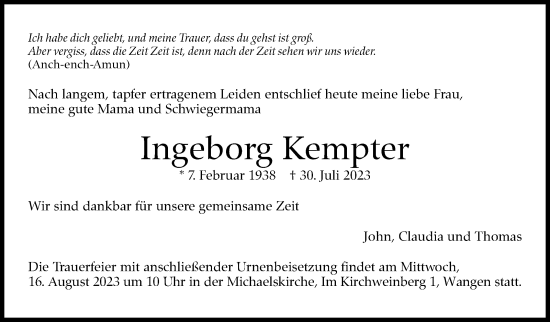Traueranzeige von Ingeborg Kempter von Stuttgarter Zeitung / Stuttgarter Nachrichten