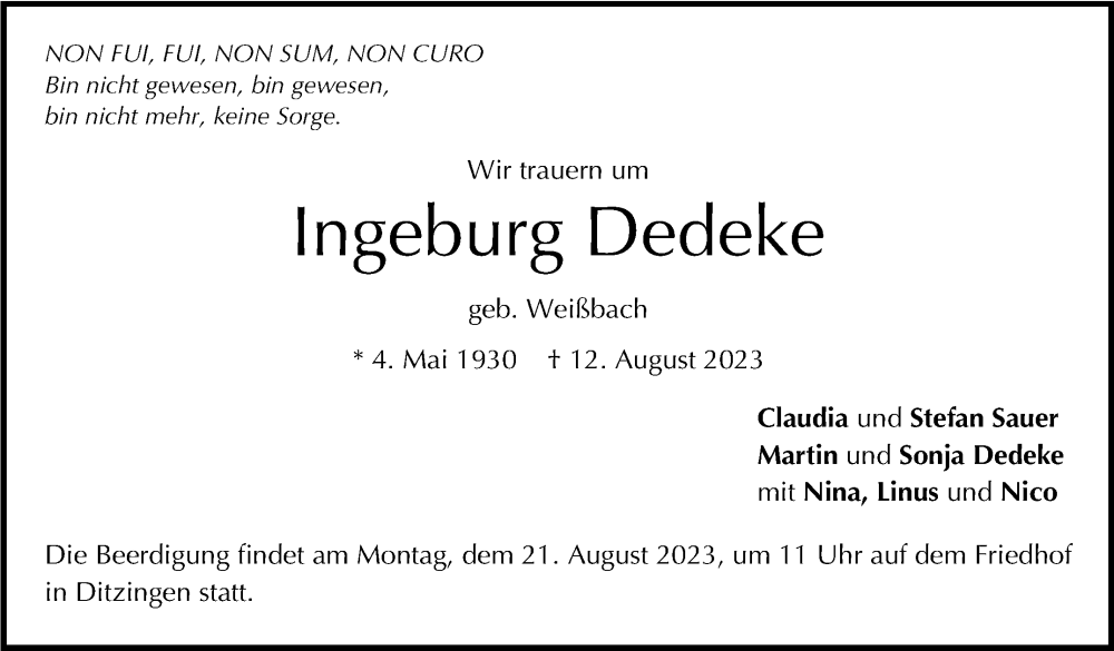  Traueranzeige für Ingeburg Dedeke vom 17.08.2023 aus Stuttgarter Zeitung / Stuttgarter Nachrichten