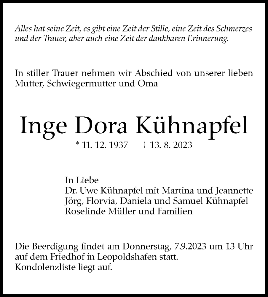  Traueranzeige für Inge Dora Kühnapfel vom 26.08.2023 aus Stuttgarter Zeitung / Stuttgarter Nachrichten