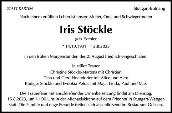 Traueranzeige von Iris Stöckle von Stuttgarter Zeitung / Stuttgarter Nachrichten