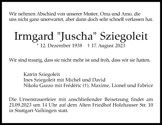 Traueranzeige von Irmgard Sziegoleit von Stuttgarter Zeitung / Stuttgarter Nachrichten