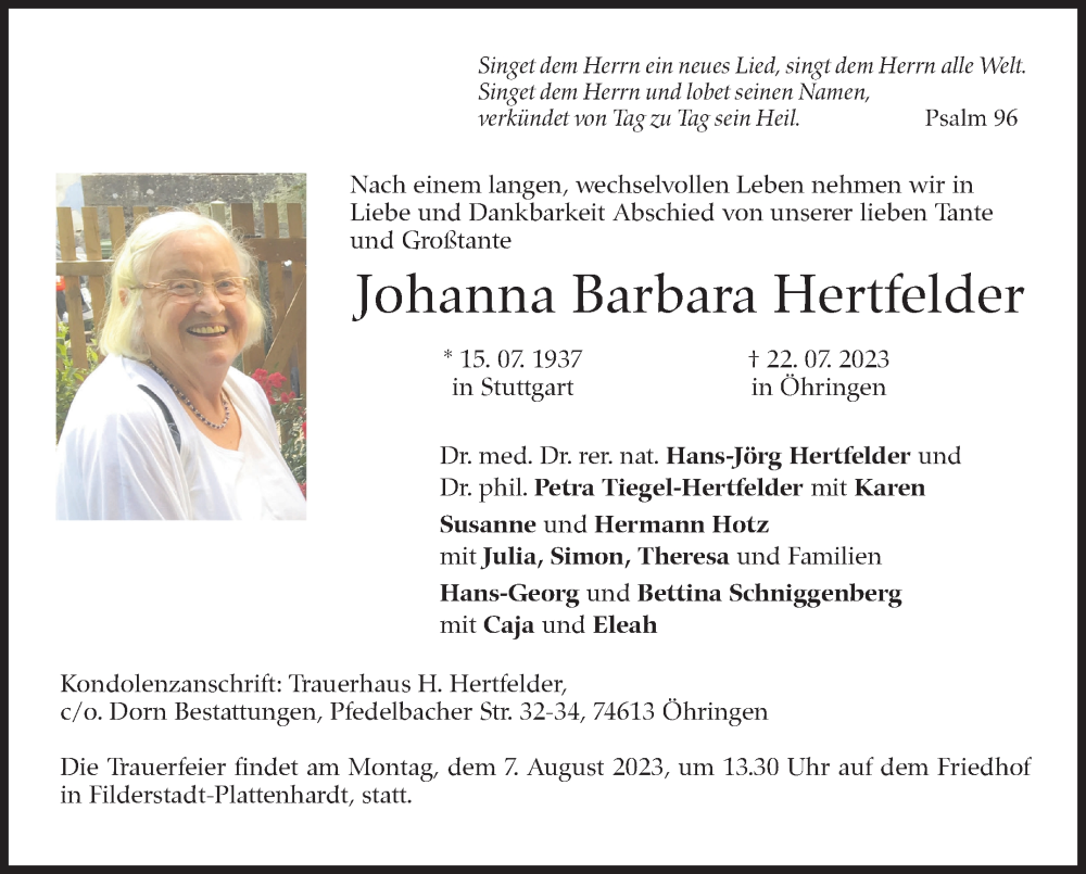  Traueranzeige für Johanna  Hertfelder vom 02.08.2023 aus Stuttgarter Zeitung / Stuttgarter Nachrichten