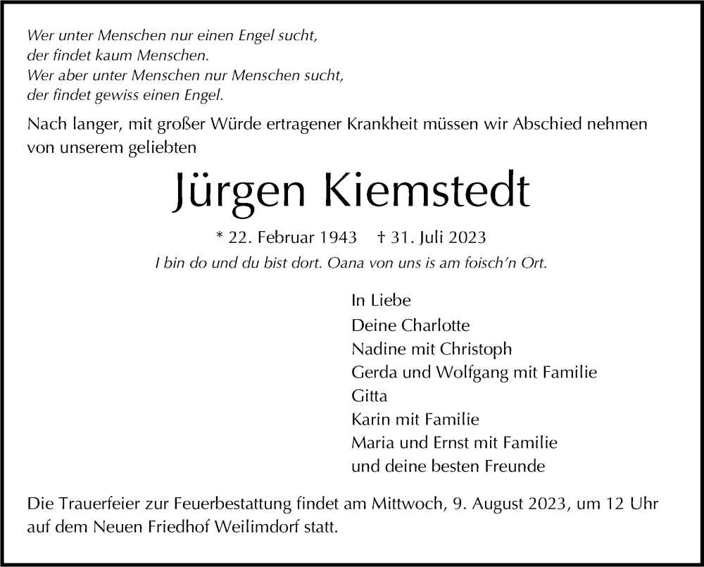  Traueranzeige für Jürgen Kiemstedt vom 05.08.2023 aus Stuttgarter Zeitung / Stuttgarter Nachrichten
