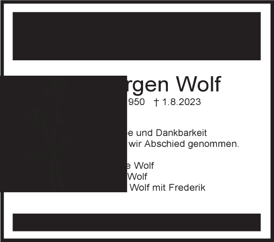 Traueranzeige von Jürgen Wolf von Stuttgarter Zeitung / Stuttgarter Nachrichten
