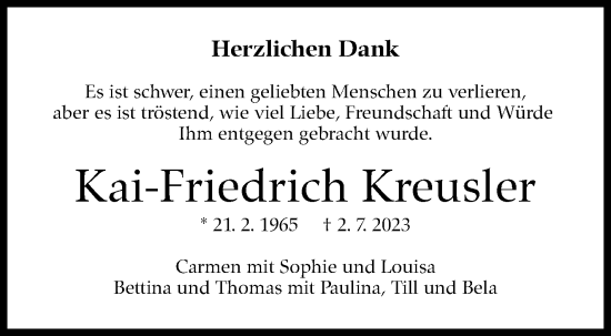 Traueranzeige von Kai-Friedrich Kreusler von Stuttgarter Zeitung / Stuttgarter Nachrichten