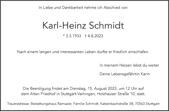 Traueranzeige von Karl-Heinz Schmidt von Stuttgarter Zeitung / Stuttgarter Nachrichten