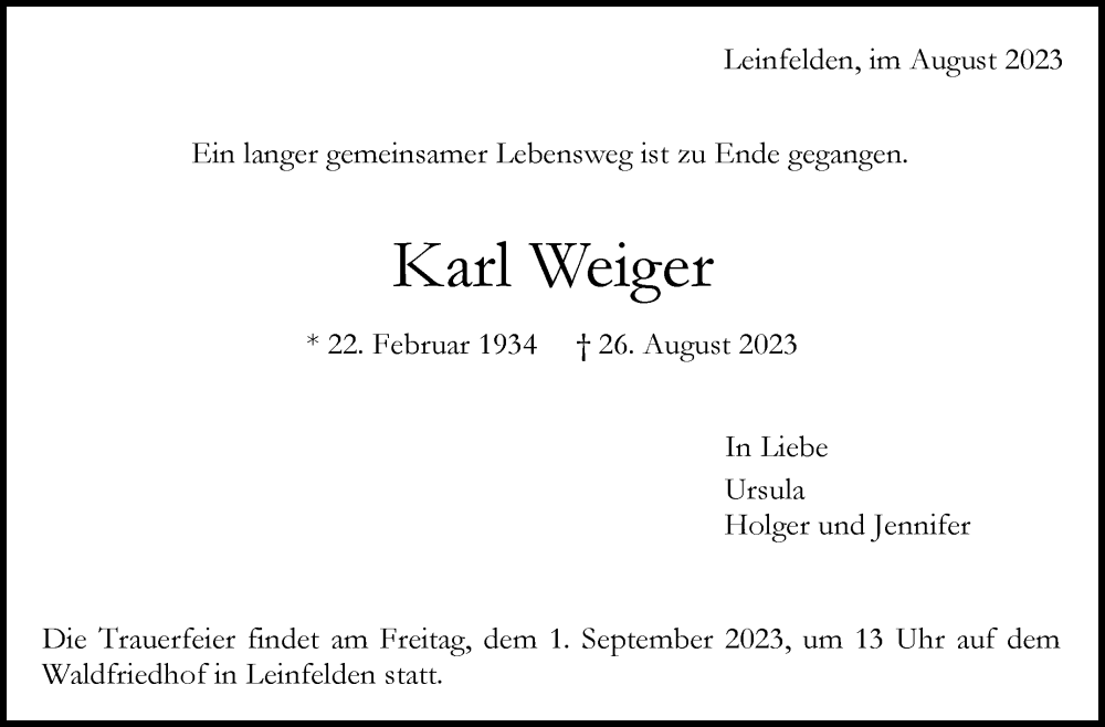  Traueranzeige für Karl Weiger vom 30.08.2023 aus Stuttgarter Zeitung / Stuttgarter Nachrichten