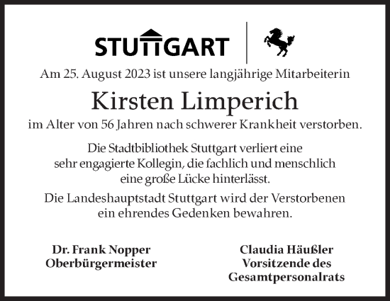 Traueranzeige von Kirsten Limperich von Stuttgarter Zeitung / Stuttgarter Nachrichten