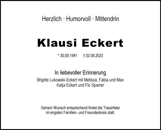 Traueranzeige von Klausi Eckert von Stuttgarter Zeitung / Stuttgarter Nachrichten