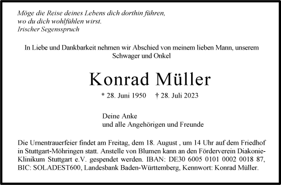 Traueranzeige von Konrad Müller von Stuttgarter Zeitung / Stuttgarter Nachrichten