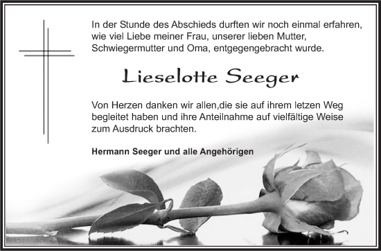 Traueranzeige von Lieselotte Seeger von Stuttgarter Zeitung / Stuttgarter Nachrichten