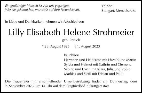 Traueranzeige von Lilly Elisabeth Helene Strohmeier von Stuttgarter Zeitung / Stuttgarter Nachrichten
