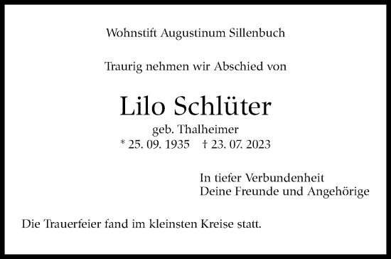 Traueranzeige von Lilo Schlüter von Stuttgarter Zeitung / Stuttgarter Nachrichten