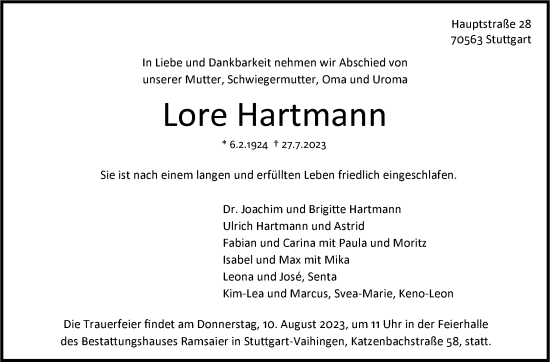 Traueranzeige von Lore Hartmann von Stuttgarter Zeitung / Stuttgarter Nachrichten