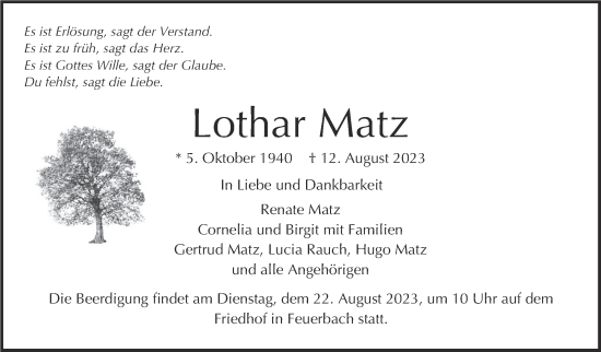 Traueranzeige von Lothar Matz von Stuttgarter Zeitung / Stuttgarter Nachrichten