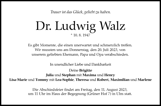Traueranzeige von Ludwig Walz von Stuttgarter Zeitung / Stuttgarter Nachrichten