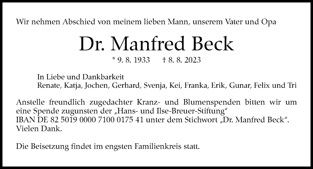  Traueranzeige für Manfred Beck vom 16.08.2023 aus Stuttgarter Zeitung / Stuttgarter Nachrichten