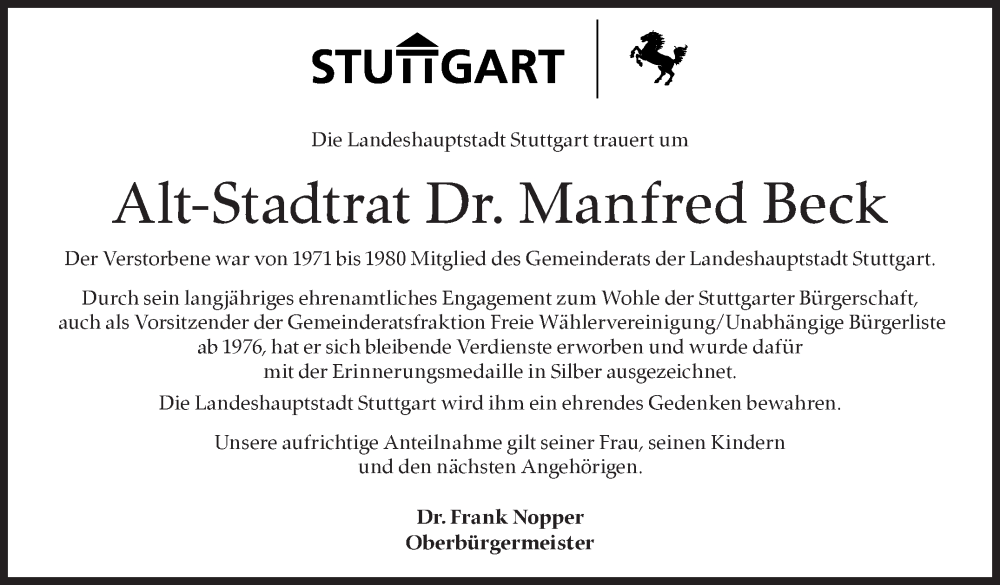  Traueranzeige für Manfred Beck vom 31.08.2023 aus Stuttgarter Zeitung / Stuttgarter Nachrichten