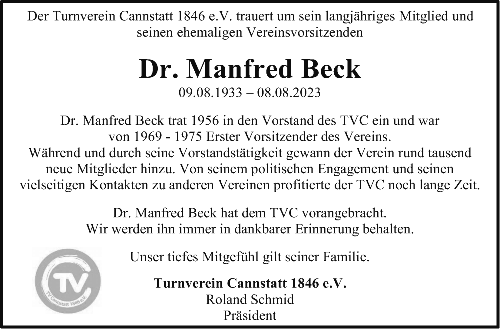  Traueranzeige für Manfred Beck vom 19.08.2023 aus Stuttgarter Zeitung / Stuttgarter Nachrichten