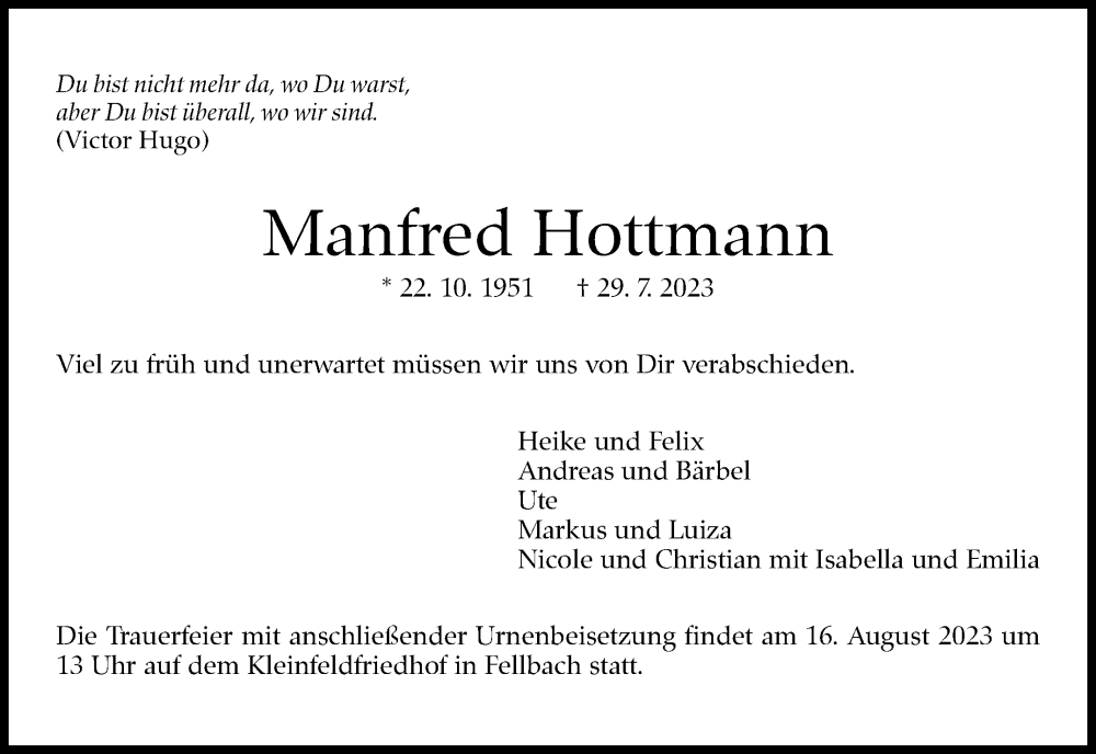  Traueranzeige für Manfred Hottmann vom 11.08.2023 aus Stuttgarter Zeitung / Stuttgarter Nachrichten