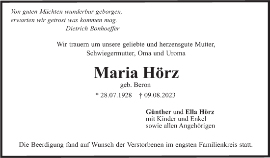 Traueranzeige von Maria Hörz von Stuttgarter Zeitung / Stuttgarter Nachrichten