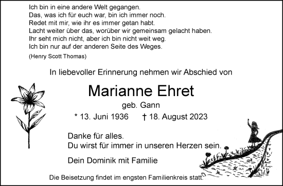 Traueranzeige von Marianne Ehret von Stuttgarter Zeitung / Stuttgarter Nachrichten