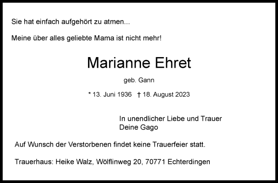Traueranzeige von Marianne Ehret von Stuttgarter Zeitung / Stuttgarter Nachrichten
