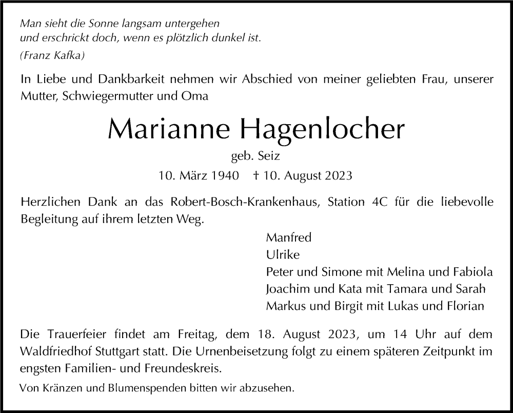  Traueranzeige für Marianne Hagenlocher vom 17.08.2023 aus Stuttgarter Zeitung / Stuttgarter Nachrichten