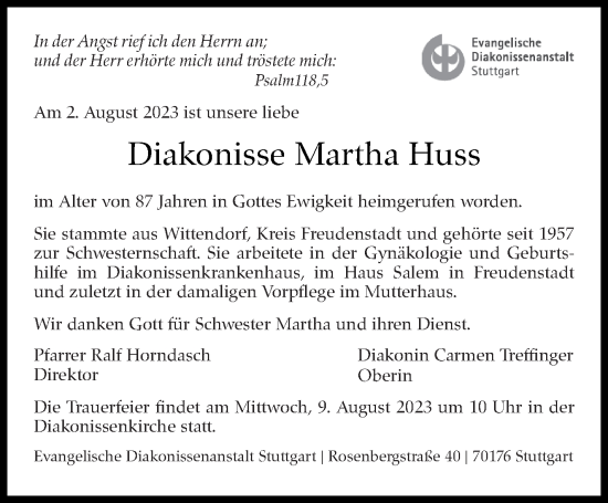 Traueranzeige von Martha Hus von Stuttgarter Zeitung / Stuttgarter Nachrichten