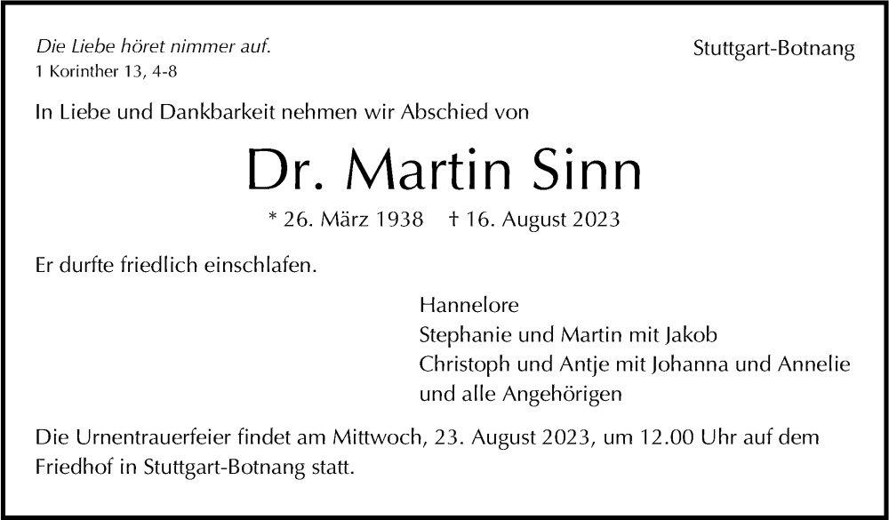  Traueranzeige für Martin Sinn vom 21.08.2023 aus Stuttgarter Zeitung / Stuttgarter Nachrichten