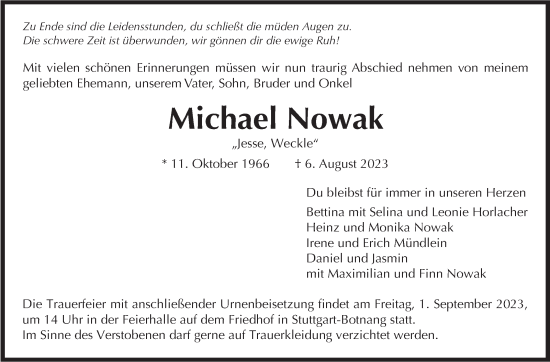 Traueranzeige von Michael Nowak von Stuttgarter Zeitung / Stuttgarter Nachrichten